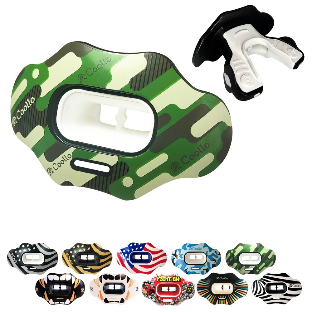 COOLLO SPORTS Lip Guard Mouthguard MAXX/Might Football and High Impact Sports Lip Protector for Adults & Youth (Strap Included) (Camo -Green -(Two Layers), Without Case (Adult 8+))