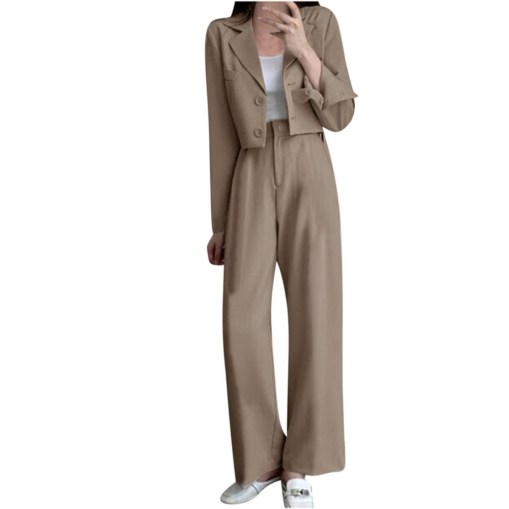 Women Suits Set Cropped Blazer Jackets High Waisted Wide Leg Pants Casual Work Office Business Lady Two Piece Outfits Khaki