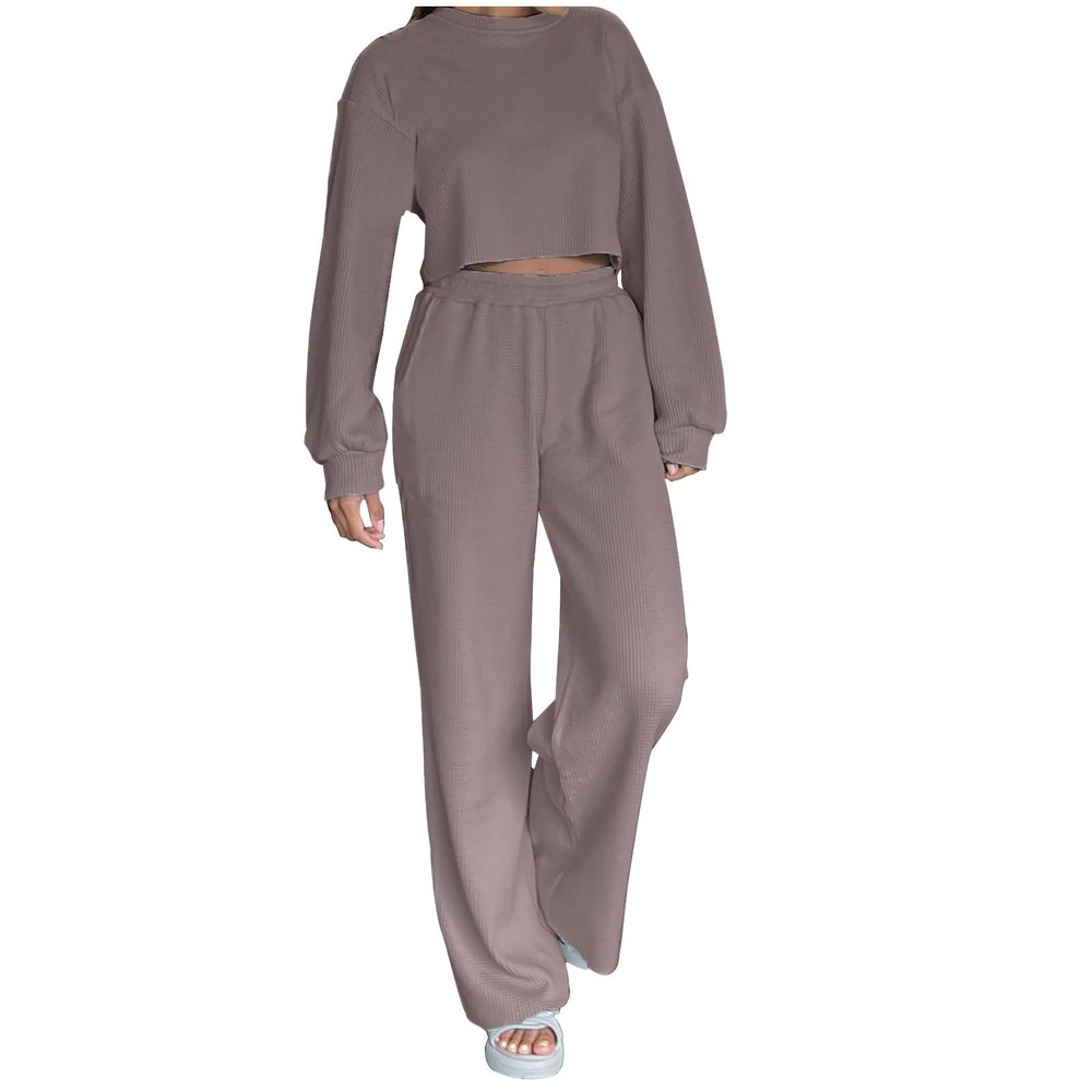 Women's 2 Piece Outfit Sweater Set Long Sleeve Knit Pullover Sweatshirt Wide Leg Pants Jogger Sweatsuit Fall Lounge Set Coffee