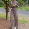 Women's 2 Piece Outfit Sweater Set Long Sleeve Knit Pullover Sweatshirt Wide Leg Pants Jogger Sweatsuit Fall Lounge Set Coffee view 3
