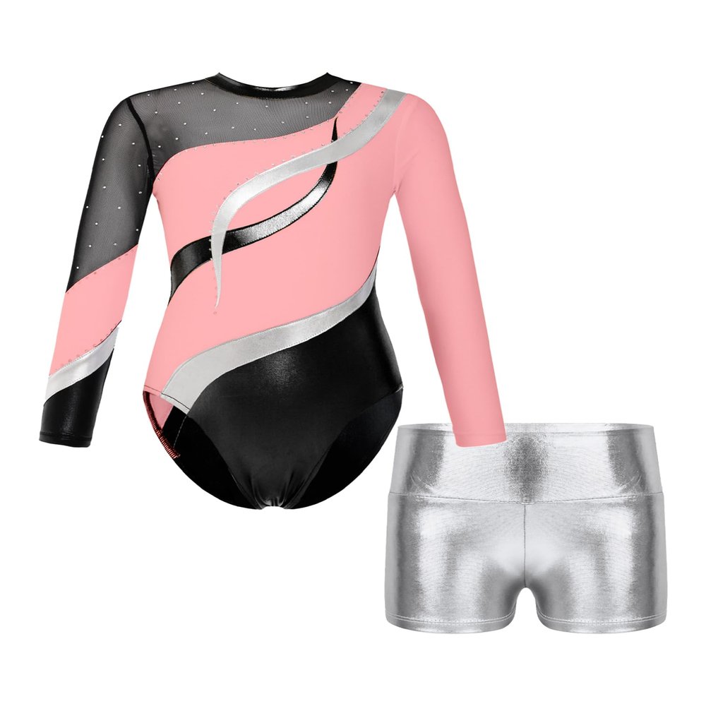 Agoky Girls 2Pcs Sparkle Ballet Dance Outfits Mesh Splice Gymnastic Leotard Unitard Biketard with Booty Shorts Set Tracksuit Pink&Silver B 6 Years