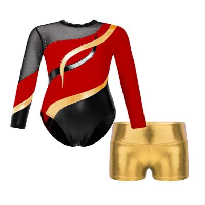 Agoky Girls 2Pcs Sparkle Ballet Dance Outfits Mesh Splice Gymnastic Leotard Unitard Biketard with Booty Shorts Set Tracksuit Red&Gold B 6 Years