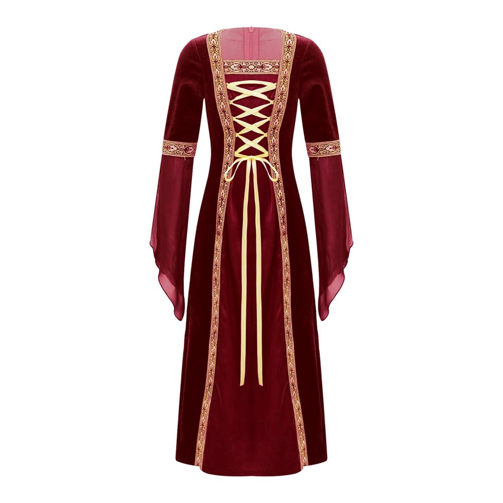 ACSUSS Big Girls Medieval Princess Maxi Dress Renaissance Long Bell Sleeve Vintage Retro Ball Gowns Burgundy A 16 Years