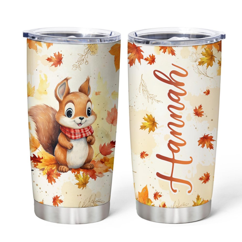 Hyturtle Personalized Fall Squirrel Maple Leaves Tumbler - Birthday Gifts For Squirrel Lovers - Fall Autumn Decor Gifts For Farmhouse Thanksgiving -Custom Name 20oz Stainless Steel Tumbler Travel Cup