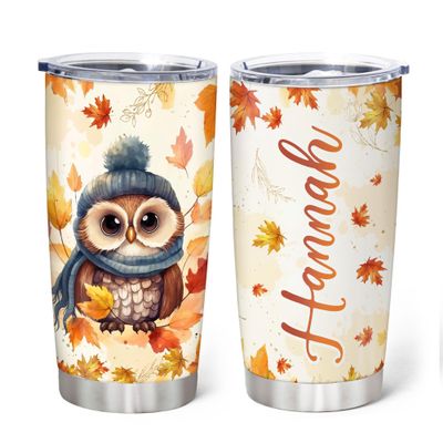 Hyturtle Personalized Fall Owl Maple Leaves Tumbler - Birthday Gifts For Owl Lovers - Fall Autumn Decor Gifts For Farmhouse Thanksgiving - Custom Name 20oz Stainless Steel Tumbler Travel Cup