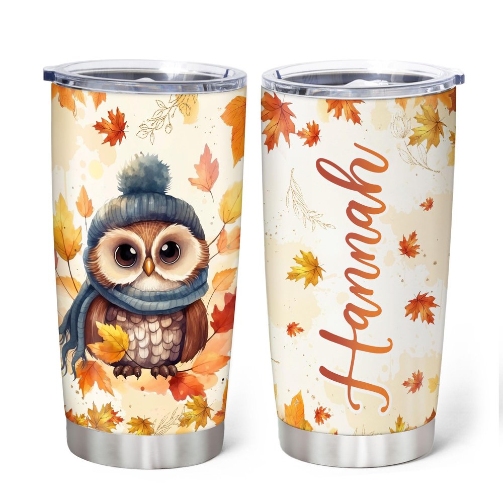 Hyturtle Personalized Fall Owl Maple Leaves Tumbler - Birthday Gifts For Owl Lovers - Fall Autumn Decor Gifts For Farmhouse Thanksgiving - Custom Name 20oz Stainless Steel Tumbler Travel Cup