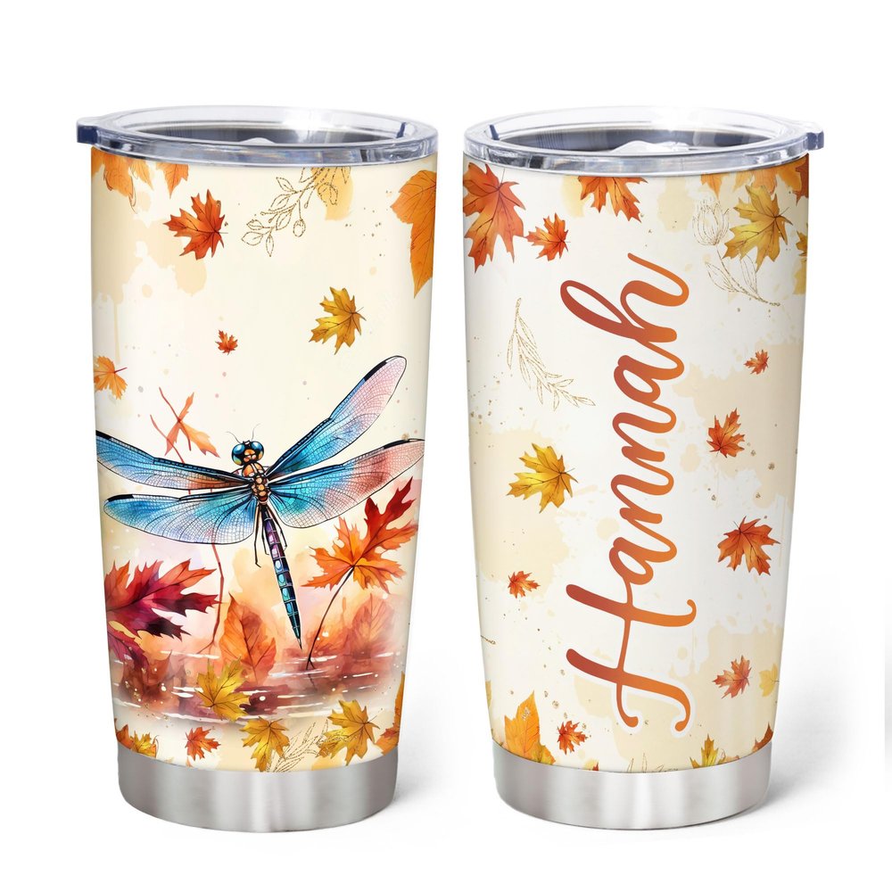 Hyturtle Personalized Fall Dragonfly Maple Leaves Tumbler - Birthday Gifts For Dragonfly Lovers - Fall Autumn Decor Gifts For Thanksgiving - Custom Name 20oz Stainless Steel Tumbler Travel Cup
