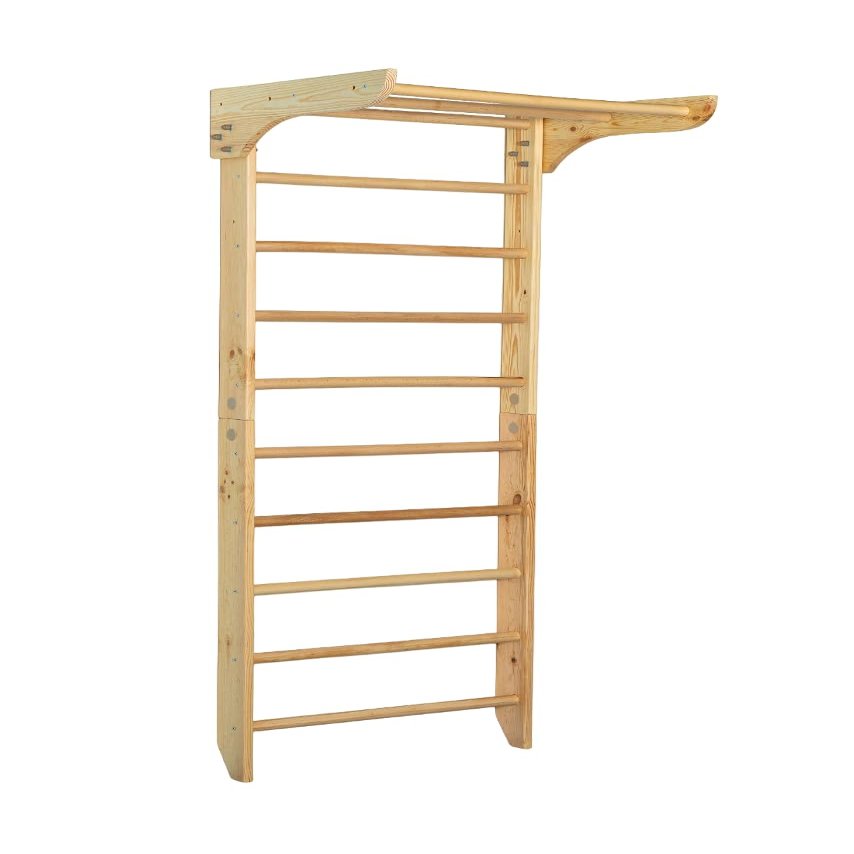 Wooden Wall Stall Bars for Kids and Adults - Swedish ladder with Pull-Up Bar - Sport Ladder Suitable for Home, School, Yoga and Pilates Studio (Fixed Pull Up Bar)