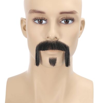 Adytom Mens 100% Human Hair Hand Knotted Lace Invisible Halloween Costume Beard Realistic False Facial Hair Goatee Mustache (Black)