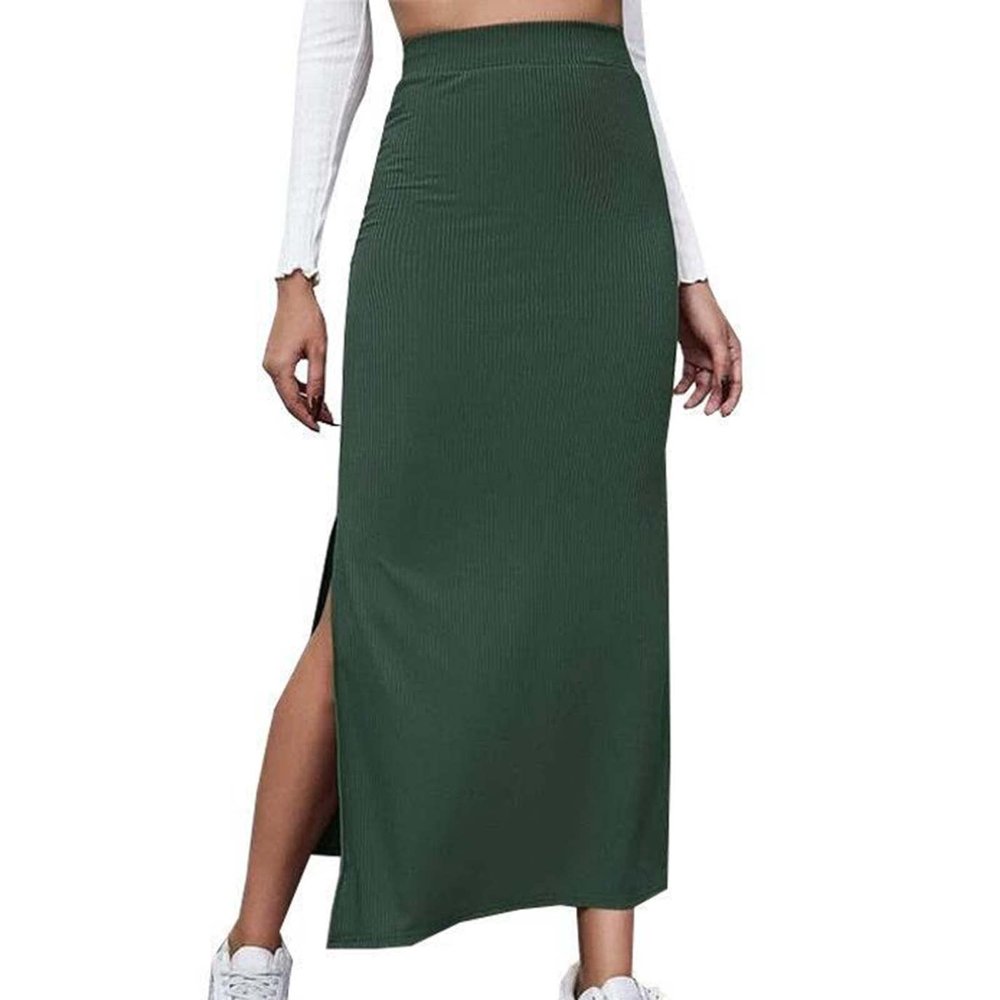 3-X86 Lime Green Ribbed Wrap with Slit Pencil Criss Cross Basic Skort for Ladies Maxi Long Skort Womens 2025 Clothing Trendy Y2K D4 L