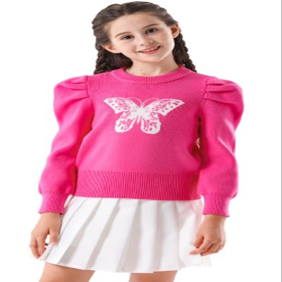 SMILING PINKER Girls Sweater Pullover Puff Sleeve Crew Neck Butterfly Camellia Knitted Crop Top(11-12 Years,Hot Pink)