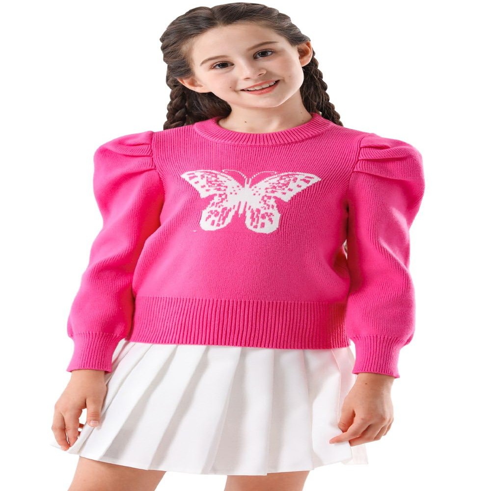 SMILING PINKER Girls Sweater Pullover Puff Sleeve Crew Neck Butterfly Camellia Knitted Crop Top(11-12 Years,Hot Pink)
