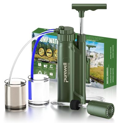 Purewell Water Hand Purifier Pump with Replaceable Carbon 0.01 Micron Water Filter, 4 Filter Stages, Portable Outdoor Emergency and Survival Gear - Camping, Hiking, Backpacking((Green-1RO))