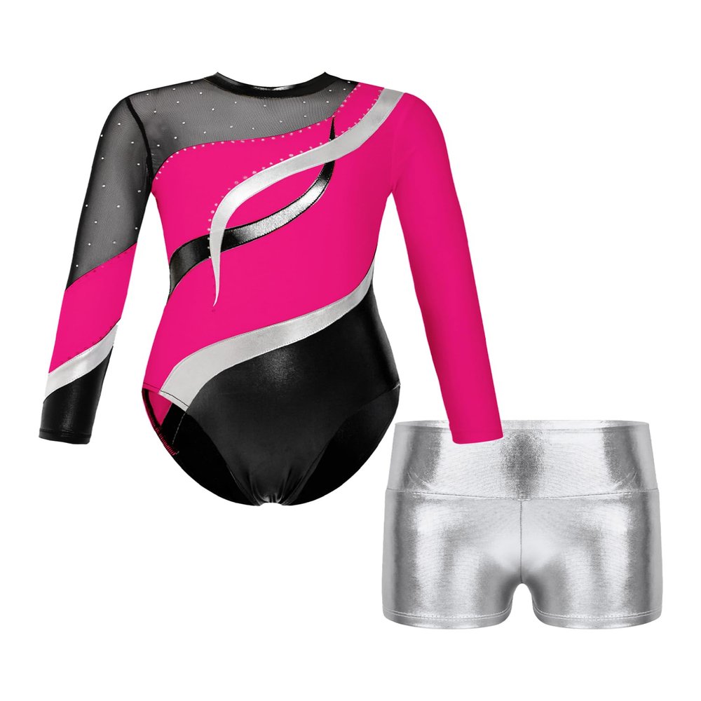 Agoky Girls 2Pcs Sparkle Ballet Dance Outfits Mesh Splice Gymnastic Leotard Unitard Biketard with Booty Shorts Set Tracksuit Hot Pink&Silver B 8 Years