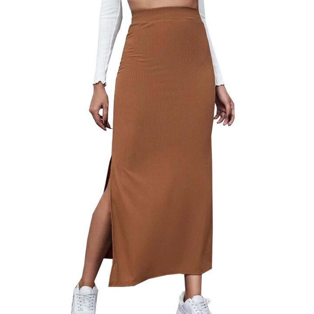 3-X86 Brown Skorts for Teen Girls Maxi Long Ribbed Wrap with Slit Pencil Criss Cross Basic Skorts Womens 2025 Clothing Trendy Country Concert Y2K WC XXL