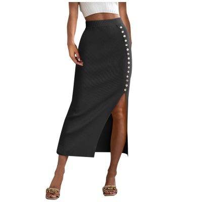 B-Z4 Black Spandex Skirts for Women Midi Brunch High Leg Striped Slit Basic Skorts Womens Button 2025 Clothes Y2K KM XL