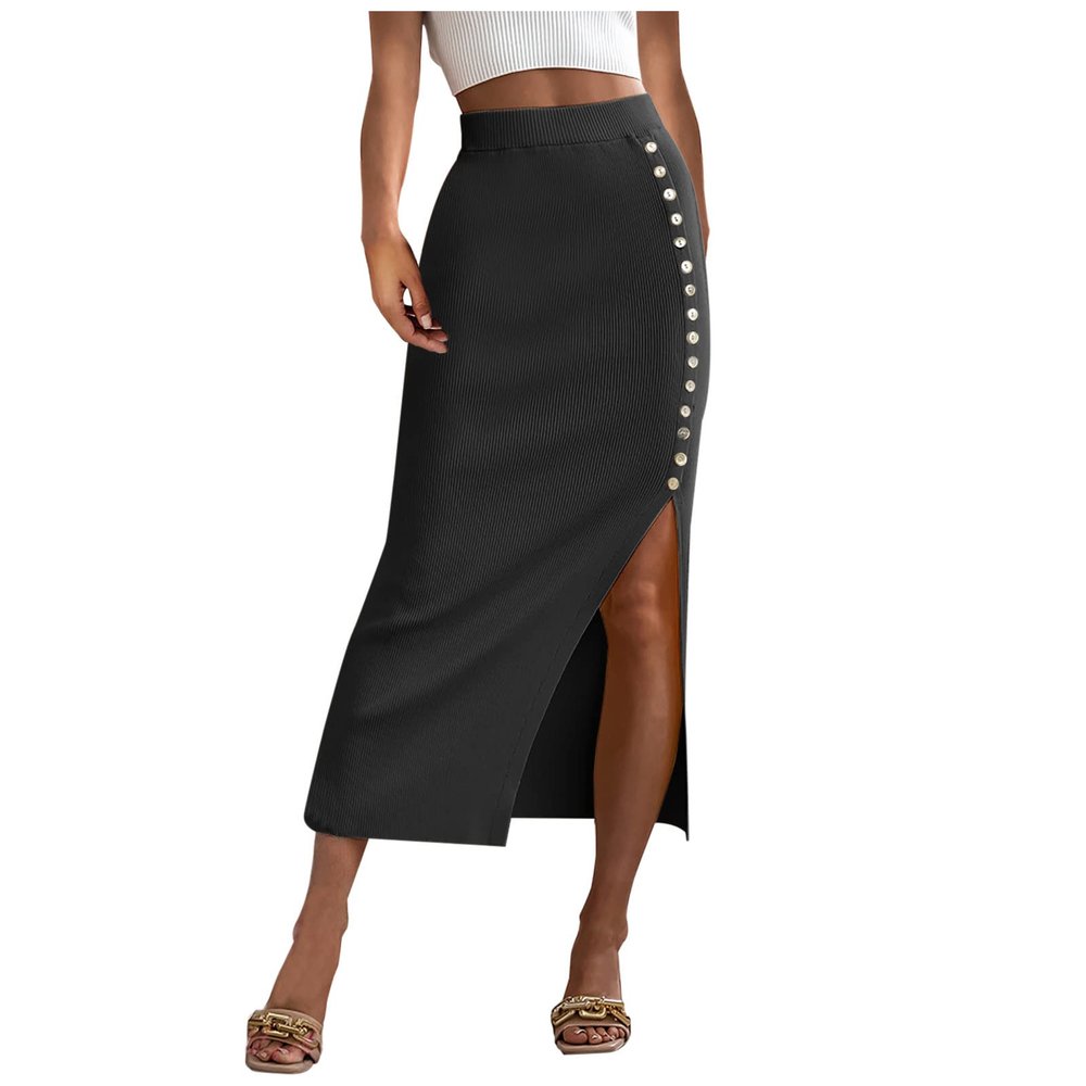 B-Z4 Black Spandex Skirts for Women Midi Brunch High Leg Striped Slit Basic Skorts Womens Button 2025 Clothes Y2K KM XL
