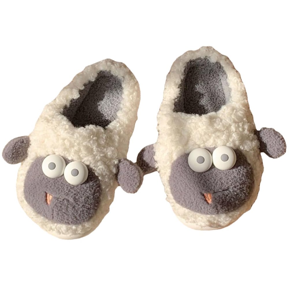 CEINOM Kawaii Sheep Fuzzy Wool-Like Memory Foam House Slippers for Women Cute Soft Indoor Outdoor Girls Home Bedroom Shoes (Grey,7,8)