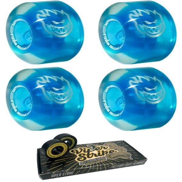 56mm Spitfire Wheels Sapphire 90DU Clear/Blue Skateboard Wheels - 90a with Viper Strike Skateboard Bearings 8mm Precision ABEC 7 Skateboard Bearings - Bundle of 2 Items
