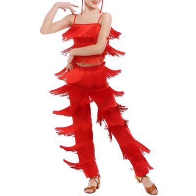 ZUCKY Women's Latin Tassel Dance top and Pant 2 Piece Sets for Ballroom Rumba Tango Salsa(Red 6-7T)