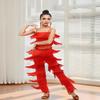 ZUCKY Women's Latin Tassel Dance top and Pant 2 Piece Sets for Ballroom Rumba Tango Salsa(Red 6-7T) view 2