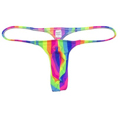 OROCOJUCO Men's Mini Bikini T-back Underwear Slim Cut Pouch Swim G-string Minimal Coverage Tangas Hipster String Thong Blue Rainbow Stripe L
