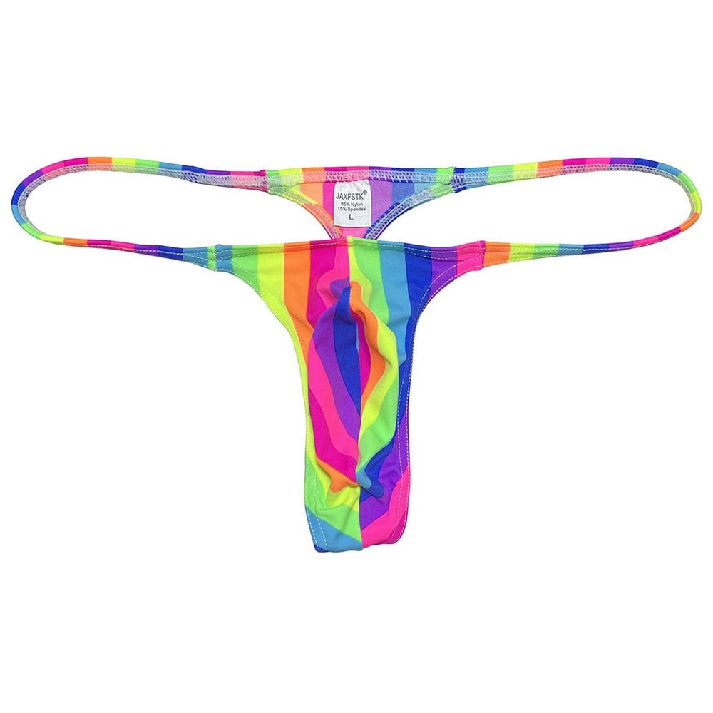 OROCOJUCO Men's Mini Bikini T-back Underwear Slim Cut Pouch Swim G-string Minimal Coverage Tangas Hipster String Thong Blue Rainbow Stripe L