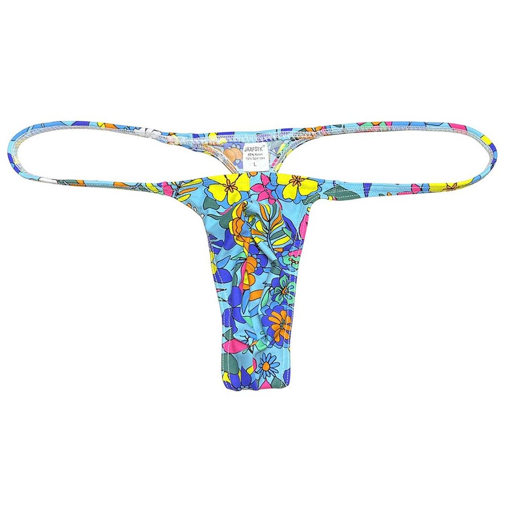OROCOJUCO Men's Mini Bikini T-back Underwear Slim Cut Pouch Swim G-string Minimal Coverage Tangas Hipster String Thong Blue Flower M