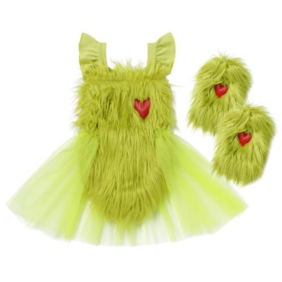 My First Christmas Baby Girl Outfit Baby Girl Furry Green Backless Romper Dress with Socks Toddler Santa Claus Fancy Dress Xmas Birthday Halloween Outfit Green02 2pcs 18-24 Months