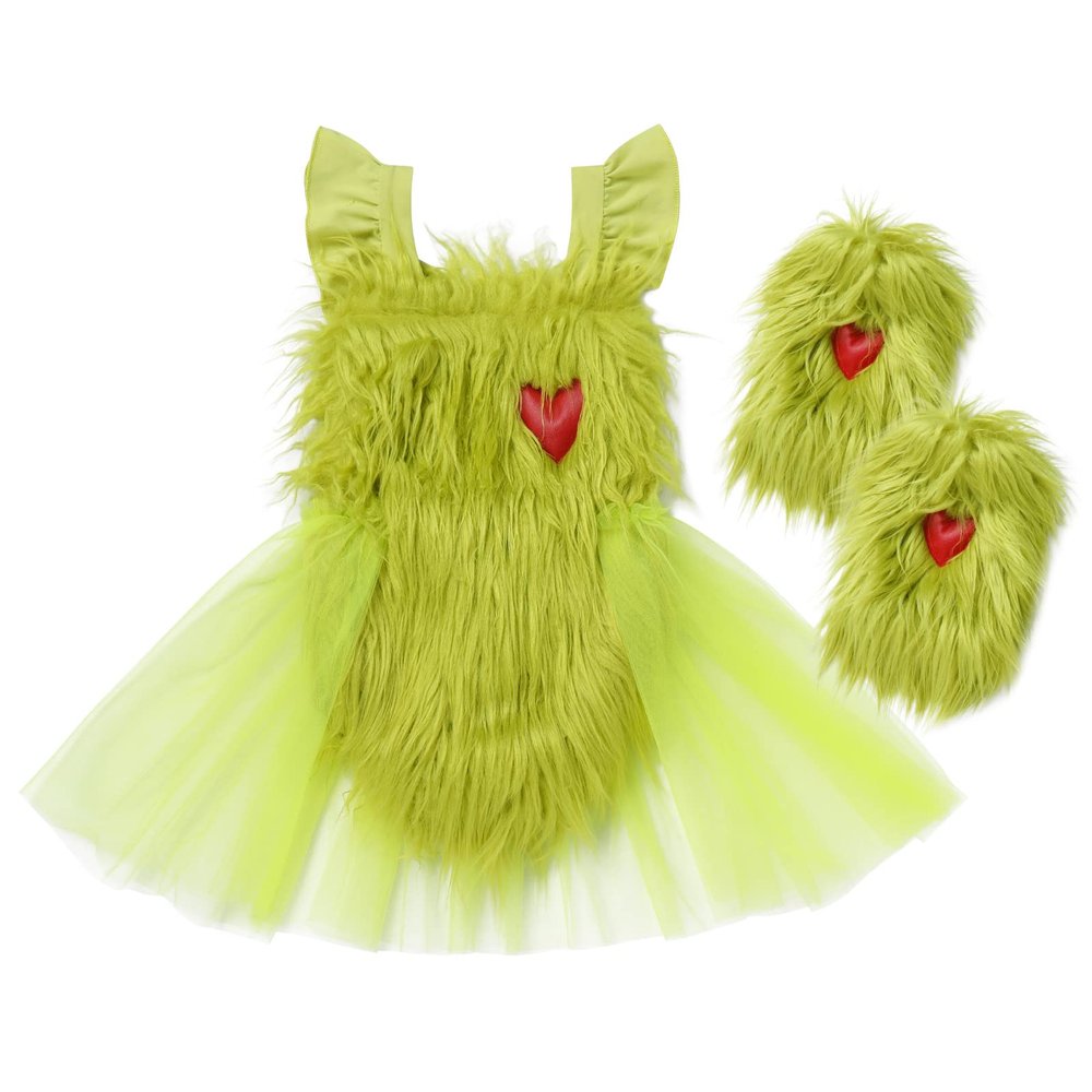 My First Christmas Baby Girl Outfit Baby Girl Furry Green Backless Romper Dress with Socks Toddler Santa Claus Fancy Dress Xmas Birthday Halloween Outfit Green02 2pcs 18-24 Months