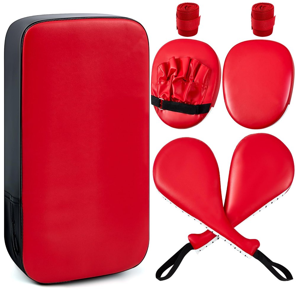 Poen 7 in 1 Taekwondo Kick Pad Boxing Training Equipment Punching Mitts Martial Arts Wrist Band Adjustable Soft Pads Set for Karate Muay Thai MMA Training(Red,Classic)