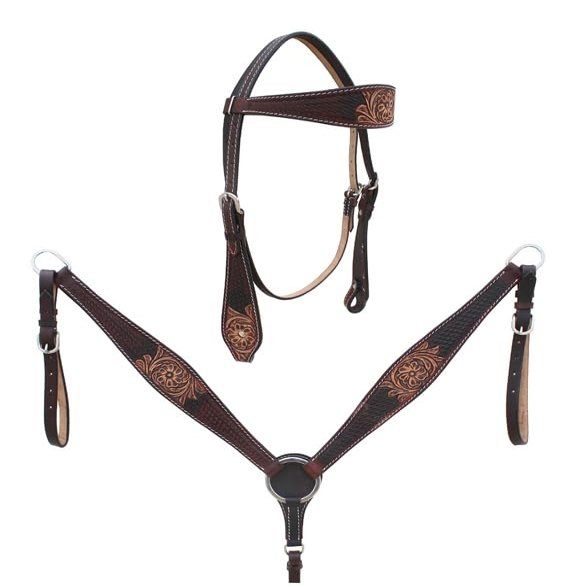 Western Headstall Breast Collar Reins Set Leather Hand Carved Tooled Equestrian Trail Horse Saddle Tack Set Full Cob Pony (Cob, Style 20)
