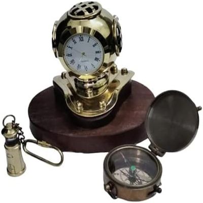 Brass Tabletop Item | Nautical Copper & Brass Navy Mark V Diving Helmet Wooden Base | Diving Helmet with Clock | Plus Compass & Keyring | Set of 3 Handmate,by TSSI Handicraft