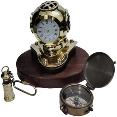 Brass Tabletop Item | Nautical Copper & Brass Navy Mark V Diving Helmet Wooden Base | Diving Helmet with Clock | Plus Compass & Keyring | Set of 3 Handmate,by TSSI Handicraft