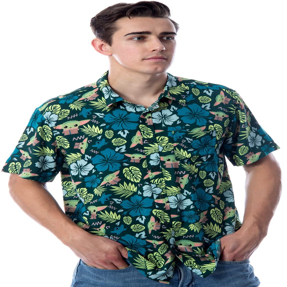 Star Wars Men's The Mandalorian Grogu Baby Yoda Leaves Hawaiian Button Up Shirt (X-Small) Forest Green