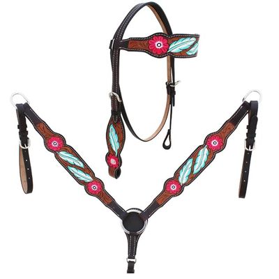 Western Headstall Breast Collar Reins Set Leather Hand Carved Tooled Equestrian Trail Horse Saddle Tack Set Full Cob Pony (Cob, Style 10)