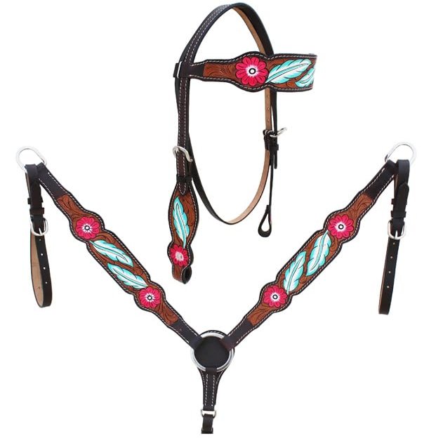 Western Headstall Breast Collar Reins Set Leather Hand Carved Tooled Equestrian Trail Horse Saddle Tack Set Full Cob Pony (Cob, Style 10)