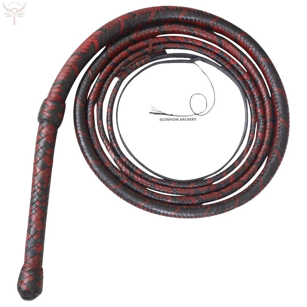 SCORPION ARCHERY Handmade Black & Red Leather Bull Whip Durable 12 Plaits Leather Whip for Equestrian, Rodeo, Farming, and Performance