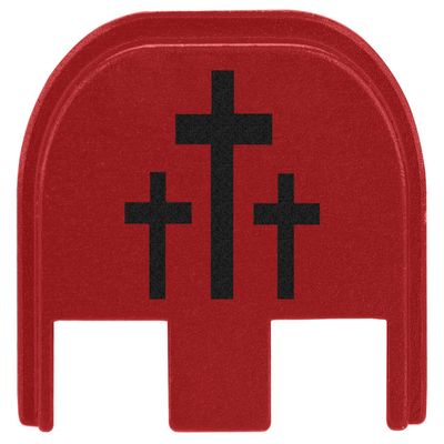 NDZ Performance Rear Slide Cover Plate for Glock Gen 5 17 19 19X 22 23 26 27 34 45 47  9mm .40 Cal  Red Anodized Aluminum, Black Laser Engraving  3 Crosses