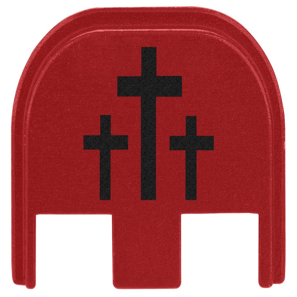 NDZ Performance Rear Slide Cover Plate for Glock Gen 5 17 19 19X 22 23 26 27 34 45 47  9mm .40 Cal  Red Anodized Aluminum, Black Laser Engraving  3 Crosses