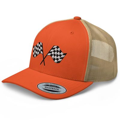 RIVEMUG Pit Crew Racing Checkered Flag Embroidered Trucker Hat Curved Bill Mid Crown Adjustable Race Car Cap