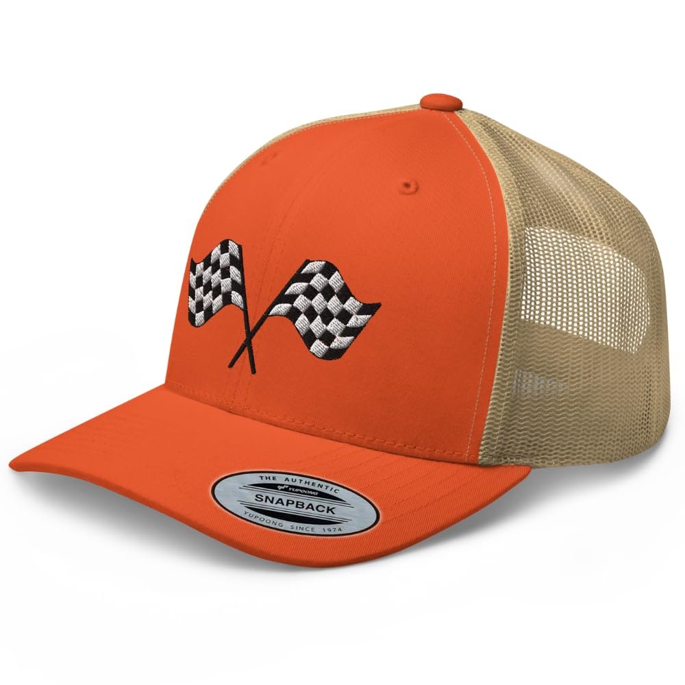 RIVEMUG Pit Crew Racing Checkered Flag Embroidered Trucker Hat Curved Bill Mid Crown Adjustable Race Car Cap