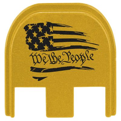 NDZ Performance Rear Slide Cover Plate for Glock Gen 5 17 19 19X 22 23 26 27 34 45 47 9mm .40 Cal Gold Anodized Aluminum, Black Laser Engraving We The People Flag