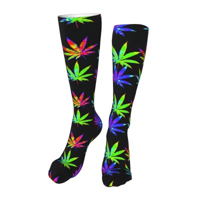 Colorful Cannabis Leaf Compression Socks For Women Men Long Warm Knee High Thick Socks For Running Athletic Nurse 20in