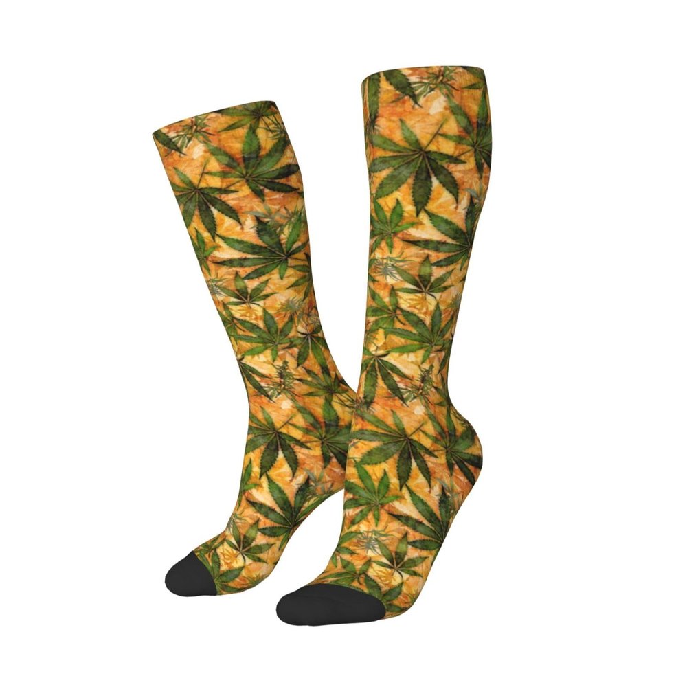 Yellow Weed Leaf Compression Socks For Women Men Long Knee High Socks For Running Cycling Athletic Nurse 11.5in