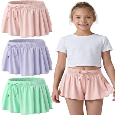 3 Pack Girls Flowy Shorts with Spandex Liner 2-in-1 Youth Butterfly Skirts for Fitness, Running, Sports (Set 9, X-Small)