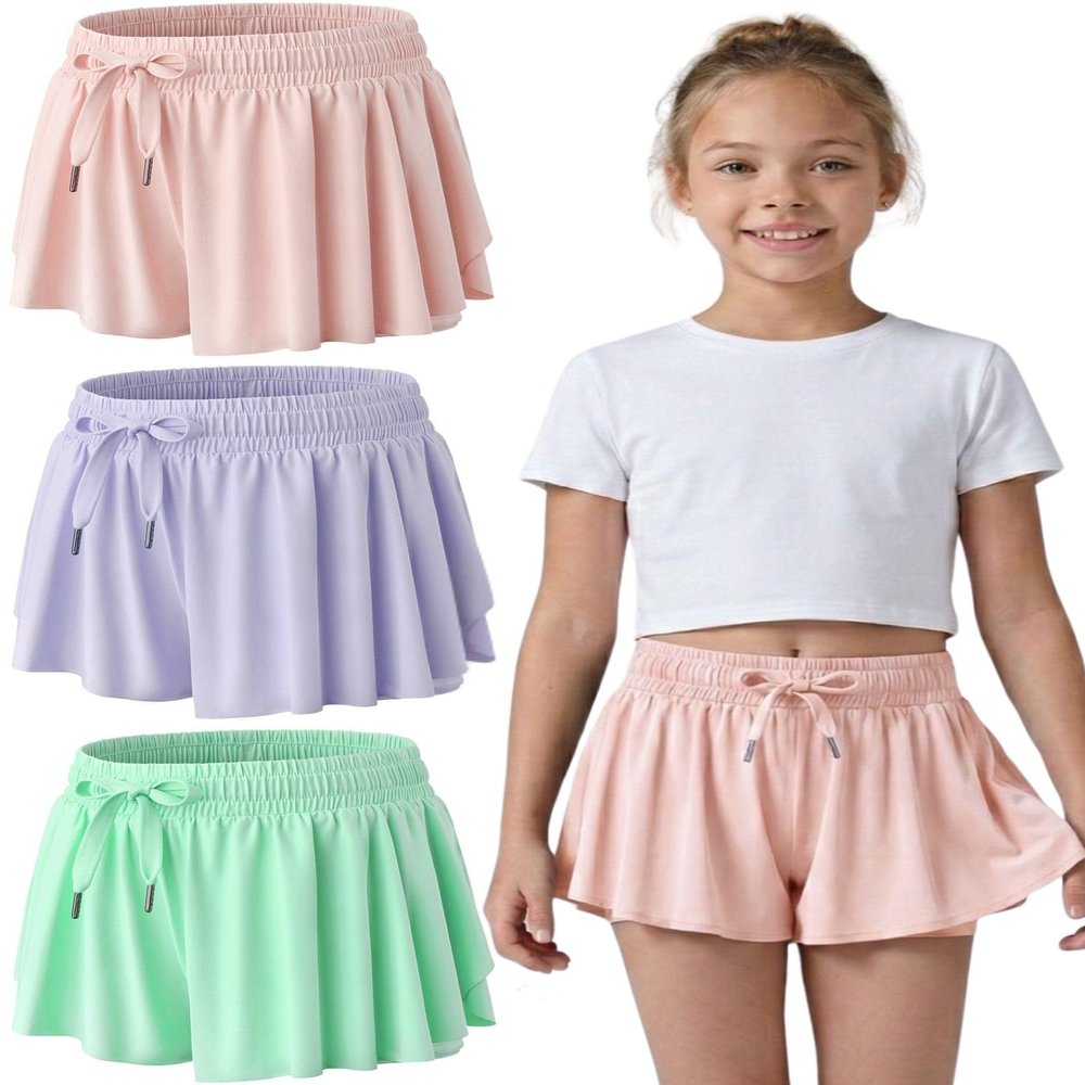 3 Pack Girls Flowy Shorts with Spandex Liner 2-in-1 Youth Butterfly Skirts for Fitness, Running, Sports (Set 9, X-Small)