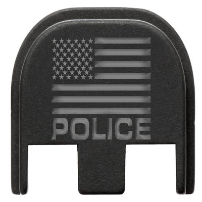 NDZ Performance Slide Cover Back Plate for Glock Gen 5  Black Aluminum, Silver Fill Laser Engraved US Flag Police Fits G17 G19 G20 G34 G45 G47, PSA Dagger