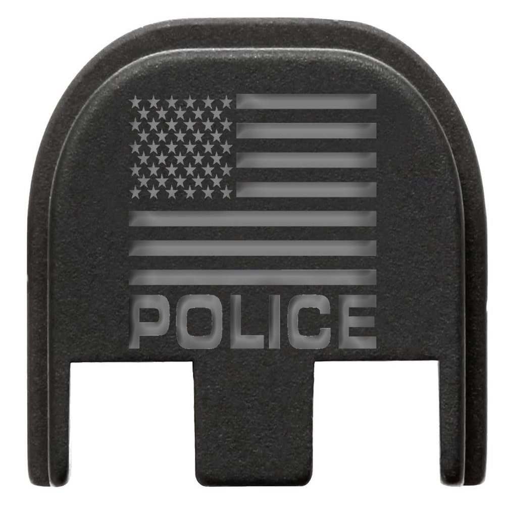 NDZ Performance Slide Cover Back Plate for Glock Gen 5  Black Aluminum, Silver Fill Laser Engraved US Flag Police Fits G17 G19 G20 G34 G45 G47, PSA Dagger