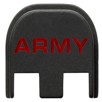 NDZ Performance Slide Cover Back Plate for Glock Gen 5  Black Aluminum, Red Fill Laser Engraved Army Text Fits G17 G19 G20 G34 G45 G47, PSA Dagger